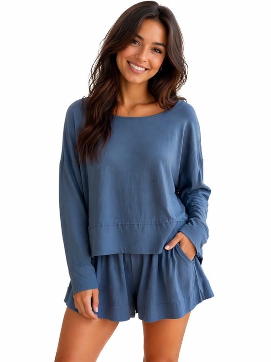 Free People Pants - Women’s Free People Slate Blue Long-Sleeve Peplum Romper, Size L